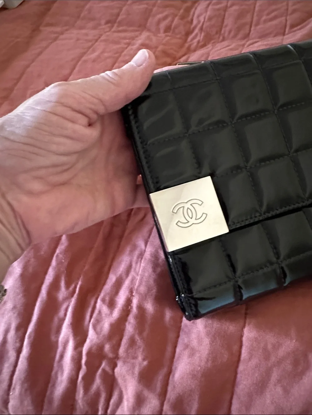 CHANEL Black Quilted Patent Leather chocolate bar silver HW pristine w card